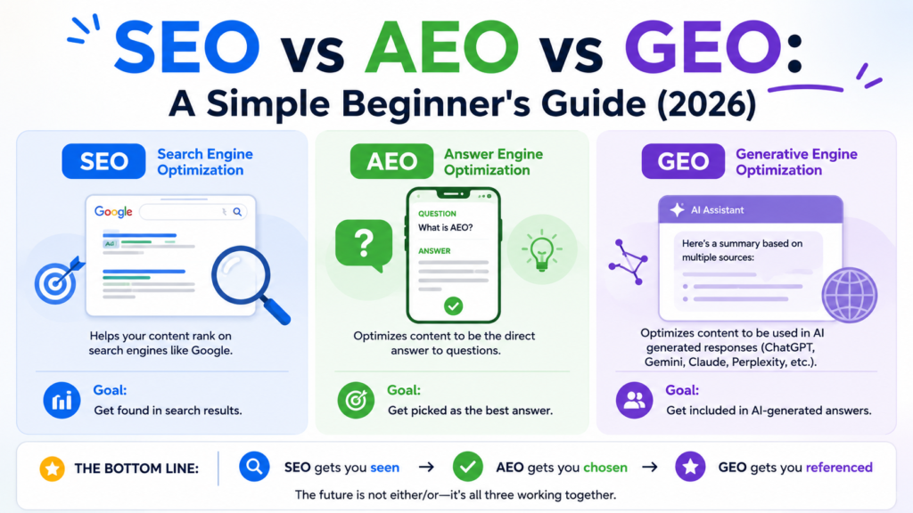 AEO vs GEO vs SEO for beginners